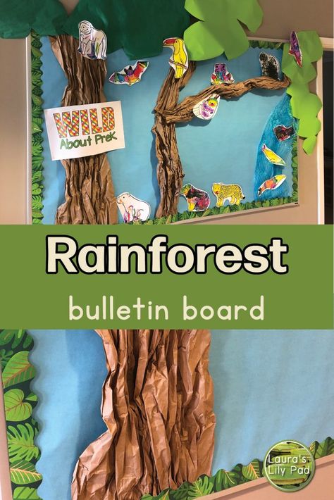 bulletin board with rainforest trees and waterfall Rainforest Bulletin Board, Rainforest Display, Animal Diorama, Rainforest Preschool, Display Student Work, Rainforest Classroom, Classroom Design Ideas, Jungle Crafts, Parent Board