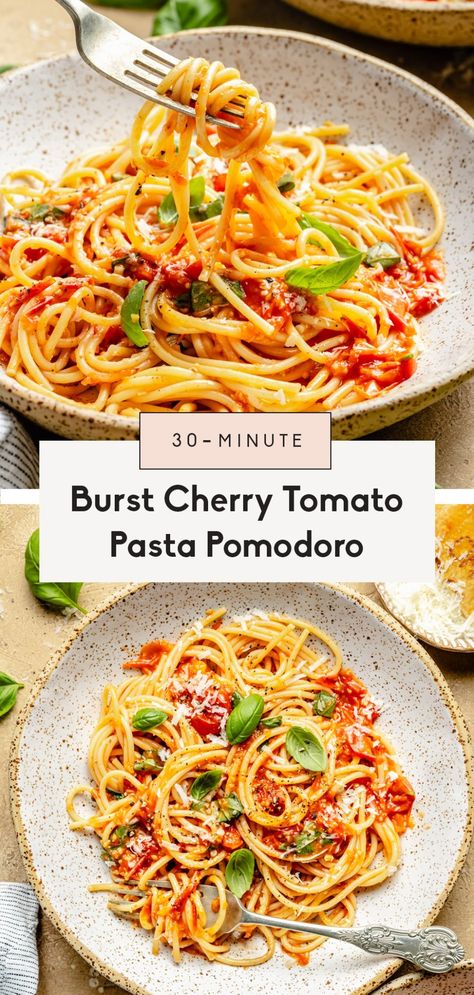 Simple and delicious pasta pomodoro made in just 30 minutes with burst cherry tomatoes, garlic, and fresh basil. This easy pasta pomodoro recipe makes a wonderful weeknight meal the whole family will love! Easy Tomato Pasta Recipes, Pasta Pomodoro Recipe, Burst Cherry Tomatoes, Ambitious Kitchen Recipes, Pomodoro Recipe, Fresh Tomato Pasta, Pasta Pomodoro, Tomato Pasta Recipe, Cherry Tomato Recipes