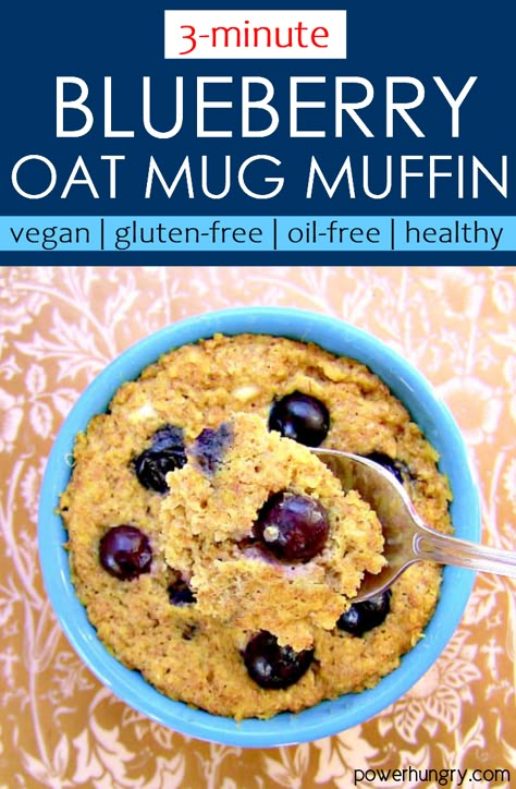 Vegan Blueberry Oat Mug Muffin {gluten-free, oil-free} | power hungry Oat Flour Blueberry Muffins, Vegan Oatmeal Muffins, Gluten Free Alternatives, Nut Free Breakfast, Healthy Mug Recipes, Freeze Dried Meals, Mug Muffin, Bug Food, Blueberry Oat Muffins