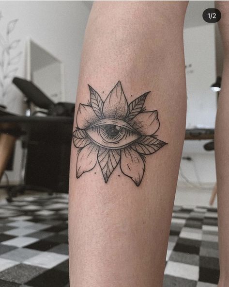 Eye Tattoo On Thigh, Floral Evil Eye Tattoo, Knee Eye Tattoo, Evil Eye Flower Tattoo, Eye Plant Tattoo, Flower With Eye Tattoo, Trippy Eye Tattoo, Flower Eye Tattoo, Trippy Eye