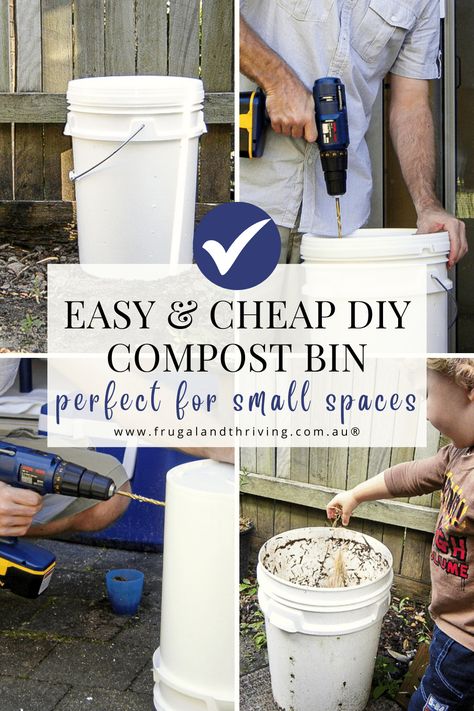 Don't have the room to make compost? Think again! Here's a super cheap and easy DIY compost bin that is perfect for small spaces. Cheap Compost Bin, Plastic Compost Bin, Diy Garden Compost Bin, Cheap Compost Bin Easy Diy, Making A Compost Bin Diy, Small Scale Composting, Kitchen Compost Bin Diy, Small Compost Bin Diy, How To Make A Compost Bin