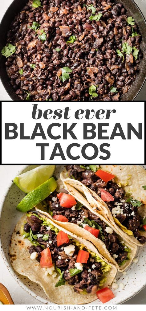 These simple Black Bean Tacos are so easy to make from pantry staples, and the filling cooks in no time. So flavorful and satisfying that you'll never miss the meat! Black Bean Vegan Tacos, Black Beans Dishes, Taco Beans Recipe, Canned Black Bean Recipes Easy, Black Bean Tacos Recipes, Black Beans For Tacos, Black Beans Recipe, Veggie Tacos, Black Bean Tacos