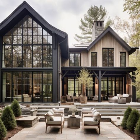 Whether you're curled up by the fireplace with a good book or entertaining guests in the expansive dining area, every corner of this wood and glass sanctuary invites you to slow down, unwind, and reconnect with the beauty of the natural world.

#ModernLiving #NatureInspired #WoodAndGlass #ContemporaryDesign #SerenitySpace #LightFilledHome #NaturalElegance #RusticCharm Barndominium Guest House Ideas, Bloxburg Glass House, Modern Mountain Farmhouse, Mountain Modern Home Exterior, Hemp House, Retreat Design, Modern Glass House, Mountain Farmhouse, Farmhouse Tour