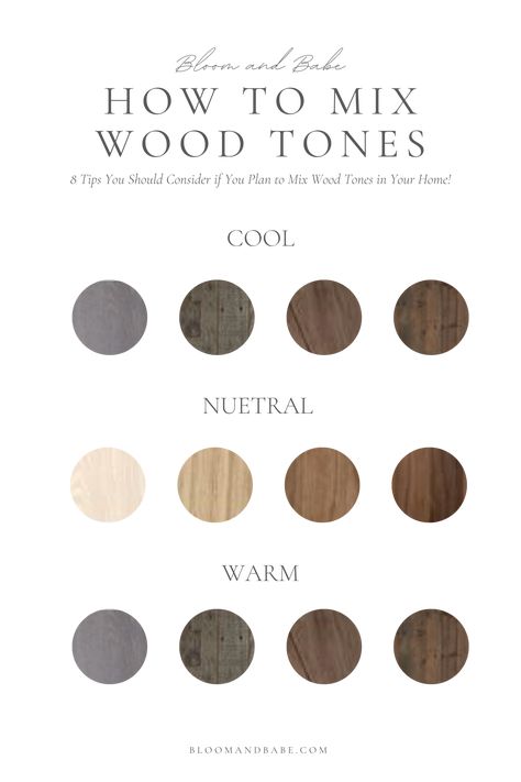 How to Mix Wood Tones in Your Home - BLOOM AND BABE Cool Wood Tones Kitchen, Light And Dark Wood Floors, Light Wood Floors Dark Wood Cabinets, Mixed Wood Cabinets, Wood Stains That Compliment Each Other, Complementary Wood Tones, Combine Different Wood Colors, Mixed Stains On Wood, Complimentary Wood Stain Colors