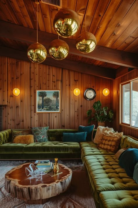 1970s Gallery Wall, Retro Wood Paneling Interior Design, Boho 70s Living Room, Small 70s Living Room, 70s Mcm Living Room, Retro Cabin Interior, 70s House Living Room, Midwestern Interior Design, Mad Men Aesthetic Home