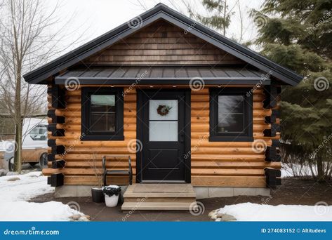 Cabin With Black Trim, Log Cabin Black Trim, Log Cabin Exterior Paint Colors, Cabin Paint Colors, White Window Trim, Cabin Makeover, Red Windows, Simple Cabin, Log Cabin Exterior