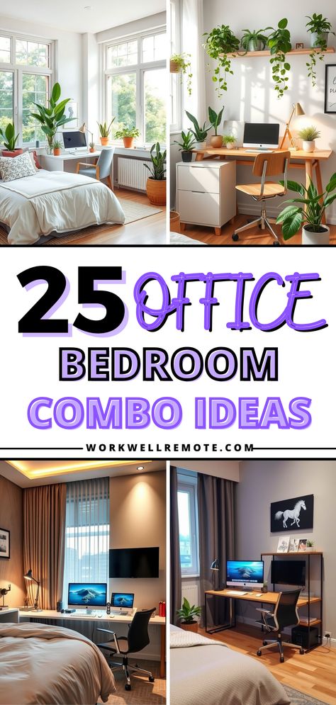 Maximize your space with bedroom office combo ideas that blend style and functionality for work and relaxation. Ikea Bedroom Office Combo, Home Office Ideas For Bedroom, Farmhouse Office Guest Room Combo, Office Guest Room Layout Ideas, Queen Bed Office Combo, Small Room Office Bedrooms, Office With Full Size Bed, Bed With Desk Next To It, Twin Bed In Office