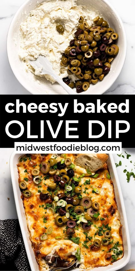 This cheesy olive dip comes together in just 30 minutes and is loaded with salty, briny olive flavors that your guests will love! This creamy, crowd-pleasing appetizer can be made up to 5 days in advance so it's the perfect make-ahead dip for your next get-together! Cheesy Baked Olive Dip, Appetizer With Olives, Best Crowd Pleasing Appetizers, Baked Olive Dip Recipe, Olive Appetizers For Party, Best Food For A Crowd Entertaining, Cheesy Baked Olive Dip 12 Tomatoes, Olive Dip Recipe Appetizers, Olive Cheese Dip Recipe