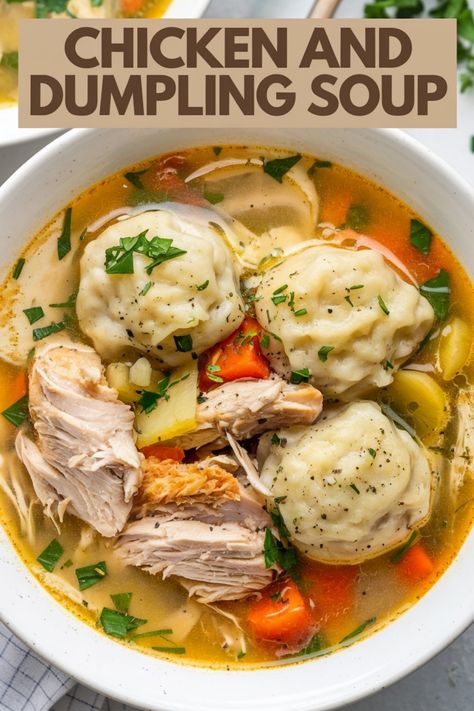 Bowl of chicken and dumpling soup with vegetables and herbs. Chicken Stew Dumplings, Chicken Dumpling Soup Homemade, Chicken Stew Dumplings Recipe, Chicken Soup And Dumplings, Chicken Wings Soup, Dumplings For Chicken Soup, Chicken And Dumpling Soup Recipes, Soup Dumplings Easy, Best Chicken Dumpling Soup