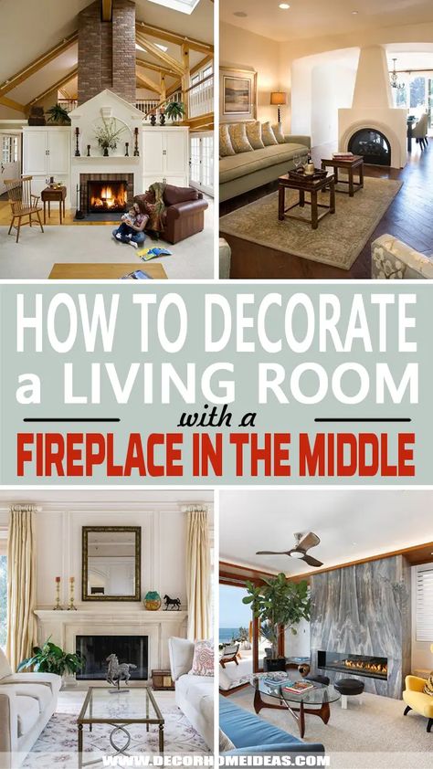 How To Decorate a Living Room With Fireplace In The Middle. Having a fireplace in the middle of the living room creates different options to decorate and style it. Whether you like symmetry or not, there are plenty of great design ideas in this article. Living Room With Chimney In The Middle, Middle Room Fireplace Ideas, Couches In Front Of Fireplace, Loveseat In Front Of Fireplace, Placing Furniture Around Fireplace, Formal Sitting Room Ideas With Fireplace, Living Room With Fireplace In The Middle, Styling Living Room With Fireplace, Ideas For The Sides Of The Fireplace