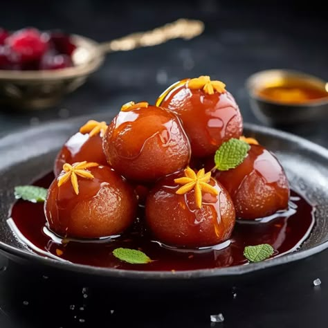 Gulab Jamun is one of India's most cherished and iconic sweet treats. These round, golden-brown dumplings are made from a soft and spongy dough that's fried to perfection and soaked in a fragrant sugar syrup. Gulab Jamun is a popular dessert for celebrations, festivals, and special occasions, loved by people of all ages across the Indian subcontinent and beyond. Gulab Jamun Aesthetic, Gulab Jamun Photography, Indian Sweets Photography, Diwali Preparations, Sweets Recipes Indian, Deserts Aesthetic, Indian Deserts, Sweet Food Photography, Desi Desserts