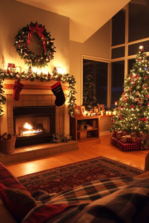 Transform your living space with this charming winter home decor! Featuring a beautifully decorated fireplace, glowing candles, and a twinkling Christmas tree, this setup is perfect for creating a warm, festive atmosphere. #WinterHomeDecor #CozyVibes #HolidayMagic Cozy Xmas Living Rooms, Christmas Aesthetic Fireplace, Christmas Fireplace Aesthetic, Sacred Aesthetic, Christmas Room Decor Aesthetic, Prop Artwork, Christmas Cozy Home, Fireplace Christmas Decorations, Christmas Decor Aesthetic