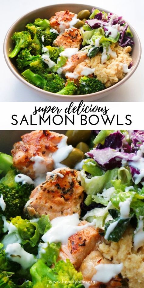 Mediterranean Salmon Bowl - a healthy salmon recipe that is easy, full of flavor, super satisfying and ready in less than 30 minutes! This healthy dinner recipe can easily be made keto and low carb and comes with a meal prep option | clean eating dinner recipe Salmon Bowls, Mediterranean Salmon, Healthy Dinner Recipe, Salmon Bowl, Healthy Salmon Recipes, Clean Eating Recipes For Dinner, Clean Eating For Beginners, Diner Recept, Healthy Salmon