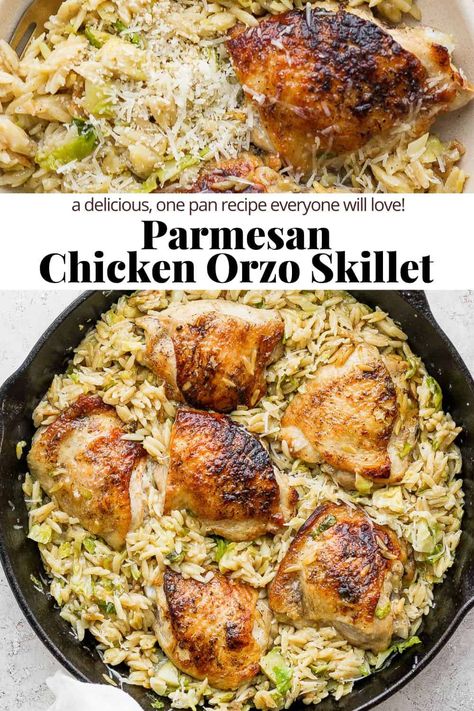 Parmesan Chicken Orzo - a delicious one-pan dinner that is packed with flavor! Made with simple, real ingredients the whole family will love! #chickenorzo #parmesanchickenorzo #parmesanchickenorzorecipes #creamyparmesanrozowithchicken #oneskilletparmesanchickenandorzo Skinnytaste One Pot Chicken And Orzo, Parmesan Chicken With Orzo, Chicken Dinner Dishes Healthy, Roast Chicken With Orzo, Wooden Skillet Recipes, Chicken Orzo One Skillet, One Skillet Parmesan Chicken And Orzo, Orzo Chicken Skillet, Chicken Recipes With Orzo