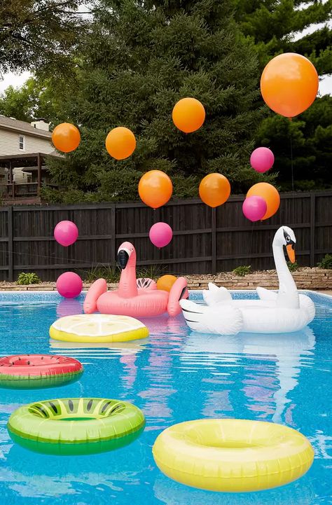 Pool Party Diy, Pool Float Storage, Pool Toy Storage, Pool Party Ideas, Pool Party Supplies, Filled Balloons, Pool Party Themes, Pool Party Kids, Adult Party Themes