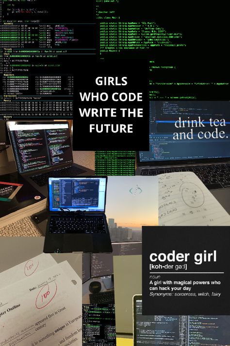 « Girls who code write the future» # coder #informationtechnology #motivation #wallpaper #affirmations #moodboard. #visionboard Coding For Vision Board, Software Developer Vision Board, Coder Astethic, Coding Aestethic, Coding Manifestation, Coder Aesthetic Wallpaper, Coding Women Aesthetic, Cute Coding Aesthetic, Girl In Tech Aesthetic