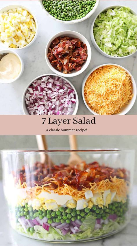 Best 7 Layer Salad, Layered Salad With Peas, 7 Layer Salad, Layer Salad, Seven Layer Salad, Layered Salad Recipes, Cold Salads, Salads Recipes, Layered Salad