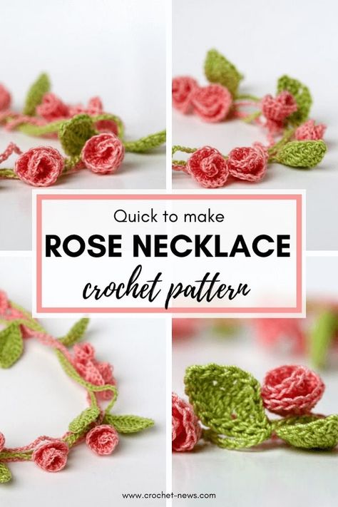 Crochet Rose Necklace Free Pattern, Crochet Flower Necklace Pattern Free, Crochet Rose Garland, Necklace Crochet Pattern Free, Crochet Flower Necklace, Crochet Flower Bracelet, Crochet Necklace Pattern Free, Diy Crochet Rose, Crochet Necklace Diy