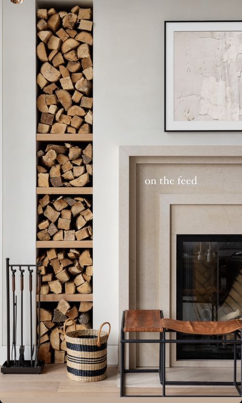 Fireplace Wall Wood Storage, Vertical Log Storage Living Room, Firewood Storage Indoor Living Rooms, Firewood Storage Indoor, Lindye Galloway, Storage Fireplace, The Grotto, Fireplace Logs, Fireplace Built Ins