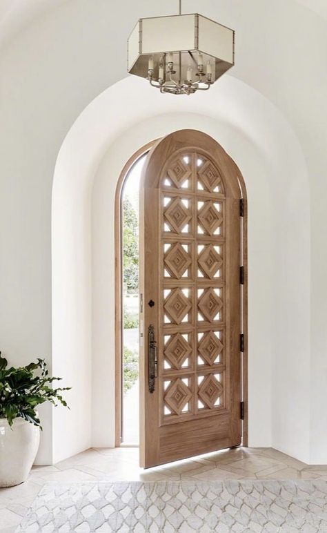 Rounded Interior Doors, House With Arched Front Door, Wood Arch Door, Arched Doors Entrance, Arched Doorway Exterior, Arch Front Door Exterior, Spanish Front Door, Neutral Entryway, Arched Exterior Doors