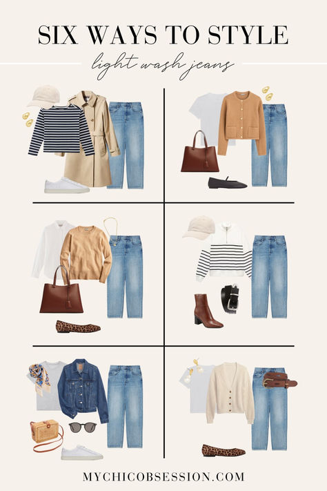 If you’re working on building a capsule wardrobe for spring outfits, you’ll want a pair of light wash jeans. Here are six ways you can style them with other wardrobe staples! Light Spring Style Outfit Ideas, Wardrobe Combinations Ideas, Spring 2024 Fashion Outfits, Wardrobe Spring 2024, 2024 Spring Casual Outfits, Outfit Ideas For Spring 2024, Casual Outfits Spring 2024, What To Wear Spring 2024, Spring 2024 Wardrobe