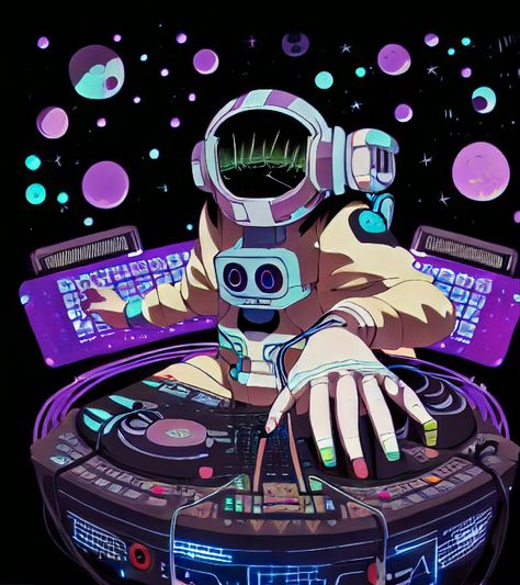 Dj Painting Ideas, Space Graffiti Art, Dj Character Design, Party Illustration Design, Techno Illustration, Astronaut Animation, Music Astronaut, Dj Character, Robot Astronaut