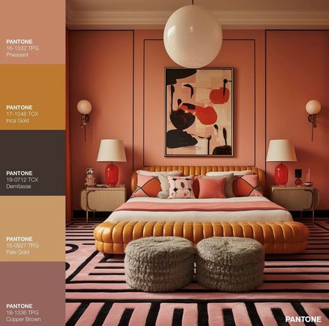 AI generated image of bedroom with large yellow bed in the centre, decorated with geometric patterned cushions, an abstract piece of art on the paneled walls. To the left of the image are the Pantone colours used in the image. Colourful Room Ideas, Colourful Room, Orange Abstract Painting, Yellow Bed, Industrial Bed, Sophie Robinson, Patterned Cushions, Paneled Walls, Pantone Colours