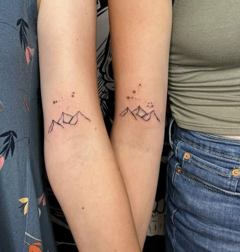 Friend Mountain Tattoo, Alaska Tattoo Ideas Mountain, Big Dipper Mountain Tattoo, Mountain Range With Stars Tattoo, Three Sister Tattoos Mountain, Star And Mountain Tattoo, Mountain Constellation Tattoo, Three Sisters Tattoo Mountain, Mountain And Constellation Tattoo