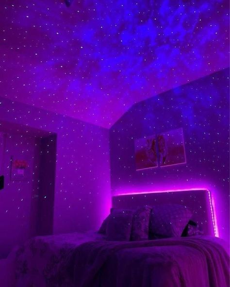 Room Tiktok, Vsco Room, Bedroom Lighting Design, Led Projector Lights, Purple Galaxy Wallpaper, Ceiling Projector, Lighting Design Inspiration, Space Music, Galaxy Projector