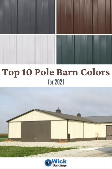 Careful planning is critical for your long-term satisfaction with your pole barn. Just don’t forget that extends to your color choices. Here is our compiled list of the 10 most popular pole barn colors from 2021. Check out what color trends came out on top! Use these color ideas for your next pole barn. Metal Shop Color Schemes, Polebarn Exterior Colors, Metal Building Homes Exterior Colors, Exterior Shop Colors Metal Buildings, Metal Siding Colors Exterior, Metal Building Exterior Colors Schemes, Steel Building Colors, Metal Building Exterior Ideas, Metal Shop Colors