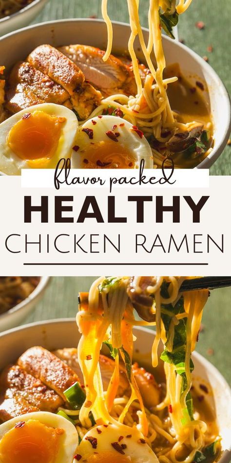 Ditch the packaged stuff for good, and make this homemade ramen noodles recipe at home instead! Created with juicy chicken thighs, fresh veggies, homemade broth, and gluten-free noodles, it’s loaded with the savory flavor you love but is a lot healthier than store-bought varieties. Homemade Top Ramen Recipes, Millet Ramen Recipes, Healthy Ramen Bowls, Healthy Ramen Broth, Clean Ramen Recipe, Simple Homemade Ramen, Ramen With Rice Noodles, Rice Noodle Chicken Soup, Ramen Noodle Recipes Low Sodium