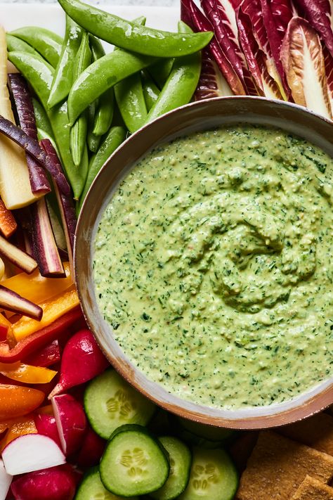 Greek Green Goddess Dip | Olive & Mango Herb Feta Dip, Vegan Green Goddess Dip, Green Goddess Recipe Ideas, Green Goddess Protein Dip, Green Feta Dip, Greek Dips And Spreads, Greek Goddess Dip, Roasted Vegetable Dip, Healthy Dip Ideas