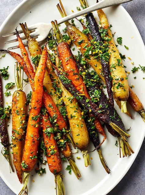 Colorful Roasted Carrots, Roasted Carrots With Chimichurri, Festive Dinner Recipes, Carrots Christmas Dinner, Multi Colored Carrots Recipe, Vegtables Dishes Christmas, Rainbow Roasted Carrots, Festive Recipes Christmas Dinners, Xmas Carrots