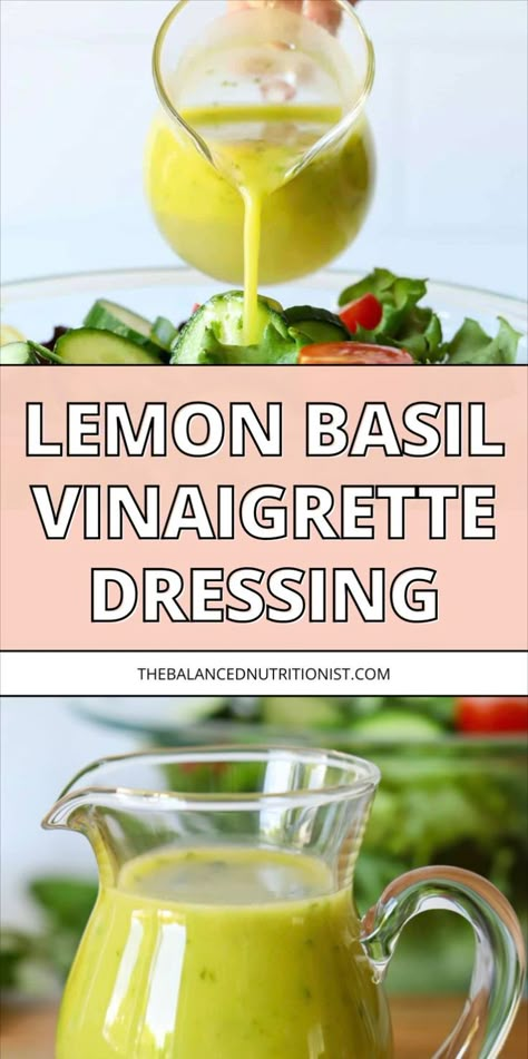 Try this lemon basil vinaigrette, a dressing that's perfect for salad and pasta salad. Enjoy it on chicken for a refreshing meal. Made with honey, lemon, olive oil, and fresh basil, it's the best lemon vinaigrette. This fresh lemon vinaigrette is the ultimate basil lemon vinaigrette for all your dishes! Lemon Basil Vinaigrette Dressing, Basil Vinaigrette Dressing, Lemon Vinegarette, Lemon Basil Vinaigrette, Lemon Salad Dressings, Lemon Vinaigrette Dressing, Pesto Vinaigrette, Vinaigrette Dressing Recipe, Balanced Dinner