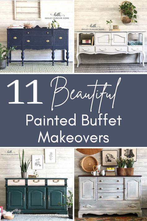 Painted Buffet Ideas, Painted Buffets And Sideboards, Sideboard Decor Dining Room, Credenza Makeover, Refinished Buffet, Antique Sideboard Buffet, Stained Furniture, Buffet Furniture, Buffet Makeover