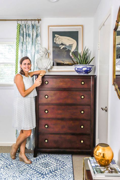 Styling A Dresser Top Master Bedrooms, Styling Bedroom Dresser, Dresser Styling Bedroom, High Dresser Decor, Small Dresser Decor, Long Dressers, How To Style A Dresser, Parisian Inspired Bedroom, Tall Narrow Dresser