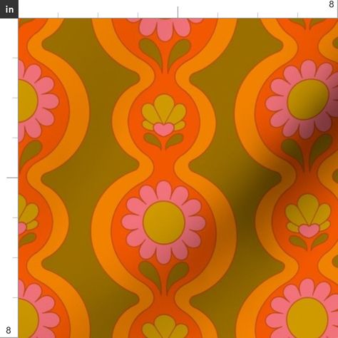 Daisy Love Orange Fabric | Spoonflower 70s Designs Pattern, Groovy 60s Aesthetic, Cool Designs Patterns, 70s Fabric Prints, 70s Daisy Print, Retro Patterns 70s, 60s Fabric Patterns, 70’s Vibe, Groovy Home Aesthetic