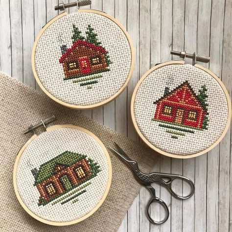 Keeping the cozy vibe up with these little cabins! If the housing market wasn’t as absurd as it currently is, which one of them would you ask your realtor to go visit?!

They come in two trios of patterns and are quick project that fit perfectly in 3" hoops to make ornaments. ✨🏡🌲 Pigeon Coop, Pretty Cross Stitch, Home Cross Stitch, Cross Stitch House, Dream Cabin, The Pigeon, Little Cabin, Vintage Cross Stitches, Crochet Cross