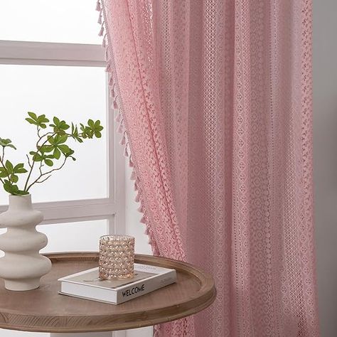 Amazon.com: WAZZIO Boho Tassel Crochet Curtains for Living Room,Vintage Rod Pocket Bohemian Curtains Geometry Striped Knitted Lace Light Filtering Curtains 84 inches Long 2 Panel Set for Bedroom Bay Kids,Beige : Home & Kitchen Light Pink Curtains, Pink Bedroom Curtains, Curtains For Girls Room, Baby Pink Curtains, Short Drapes, Modern Living Room Curtains, Bedroom Curtains Ideas, Girls Room Curtains, Tassel Crochet