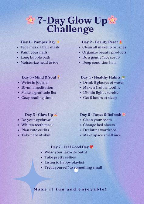 A glow up 7 days challenge infographic showcasing essential Glow Up Fast Tips on a calming blue-purple background. For those learning How To Start A Glow Up, it presents seven themed days with four daily tasks each, building toward an Ultimate Glow Up. Features comprehensive self-care activities from skincare to mental wellness, decorated with cherry blossoms and encouraging emojis. Concludes with 'Make it fun and enjoyable! Glow Up Realistic, 5 Day Glow Up Challenge, 2025 Glow Up List, Life Glow Up Aesthetic, How To Have A Glow Up In 2 Weeks, 7 Days Glow Up Challenge, Week Glow Up, Glow Up Steps, How To Glow Up In 3 Days