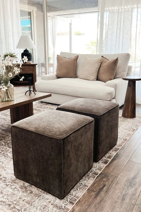 Lynwood Square Upholstered Cube … curated on LTK 2 Small Ottomans In Front Of Couch, Coffee Table Next To Ottoman, Sectional With Side Tables, Ottomans For Living Room, Sectional Ottoman Ideas, Ottoman Cubes Living Rooms, Living Room With Poufs, Ottoman Seating Living Room, Cube Ottoman Living Room