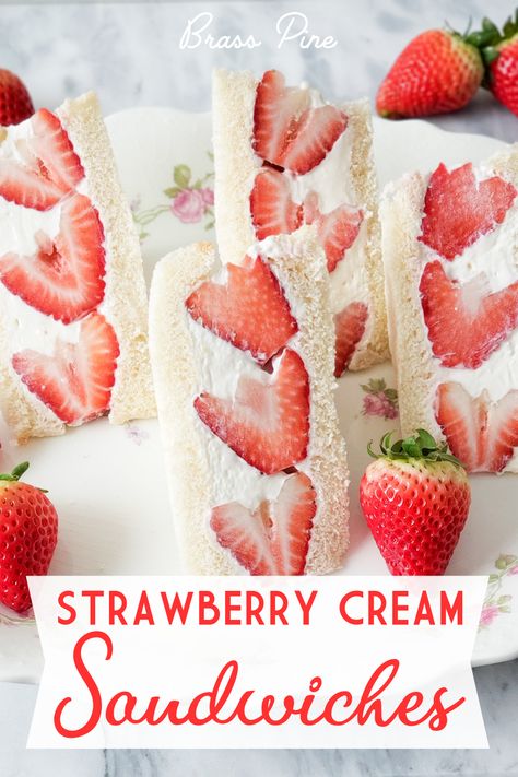 These Strawberry Cream Sandwiches are a delicious treat and a must-have snack for your spring Tea Party, Bridal Shower, or Mother’s Day Brunch. Loaded with thick sweet creamy filling and fresh strawberries you can’t go wrong with these delightful sandwiches. Strawberry Tea Sandwiches Recipe, Strawberry Cream Cheese Tea Sandwiches, Fruit Tea Sandwiches, Afternoon Shower Food Ideas, Easy Mother’s Day Snacks, Tea Sandwiches Recipes Bridal Showers, Tea Party Fruit Ideas, Strawberry Cream Cheese Sandwiches, Yea Sandwiches Recipe