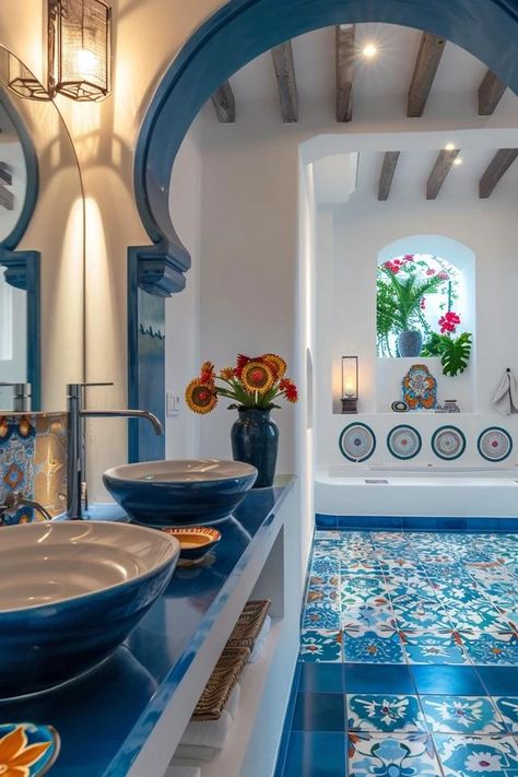 Coastal Charm: My Top Mediterranean Bathroom Ideas Santorini Interior Design Bathroom, Greek Style Bathroom Blue And White, Sicilian Bathroom, Greek Inspired Bathroom, Turkish Bathroom Ideas, Sicily Decor, Santorini Bathroom, Coastal Mediterranean Interior Design, Mediterranean Bathroom Decor