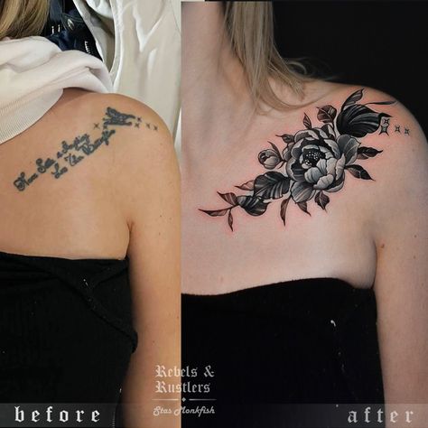 Tattoo Covers For Women, Tattoo Writing Cover Up Ideas, Womens Lower Back Tattoos Cover Up, Flower Tattoos On Chest Cover Up, Collarbone Tattoo Cover Up Ideas, Cover Up Chest Tattoos Women, Flower Coverup Tattoo Ideas, Chest Cover Up Tattoos For Women, Words Cover Up Tattoo