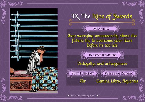 The Nine of Swords Tarot | The Astrology Web Nine Of Swords Tarot Meaning, Nine Of Swords Tarot, 9 Of Swords, Swords Tarot Meaning, Nine Of Swords, Suit Of Swords, Tarot Swords, Biddy Tarot, Tarot Interpretation