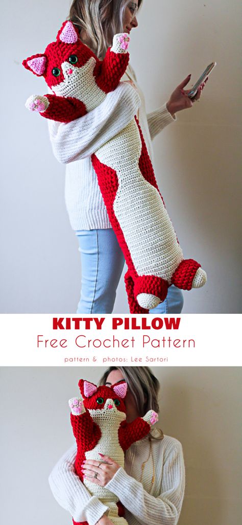 Kat Haken, Kitty Pillow, Pillow Patterns, Confection Au Crochet, Crochet Pillow Pattern, Pola Amigurumi, Crochet Pillows, Crochet Animals Free Patterns, Crochet Design Pattern