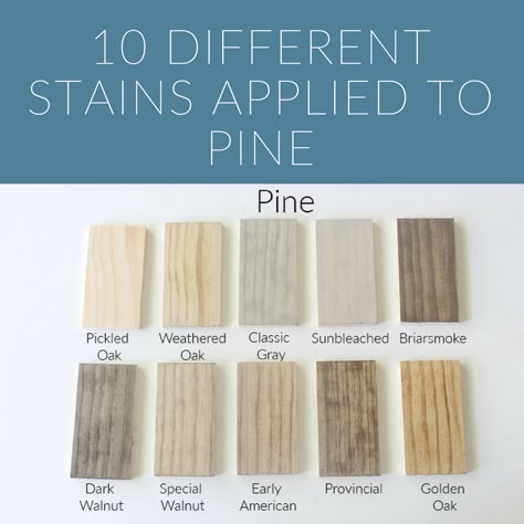 A stain reference guide for the top 10 stains from light to dark that have been applied on pine.  #stain #woodstain #pickledoak #minwax #varathane #homeproject #woodworking Neutral Wood Stain For Pine, Best Light Stain Colors, Early American Varathane Stain, Light Stain Colors On Pine, Pickling Wood Stain, Pickled Stained Wood, White Wash On Pine Wood, Pine Hardwood Floors Stains, Light Stain For Pine Wood