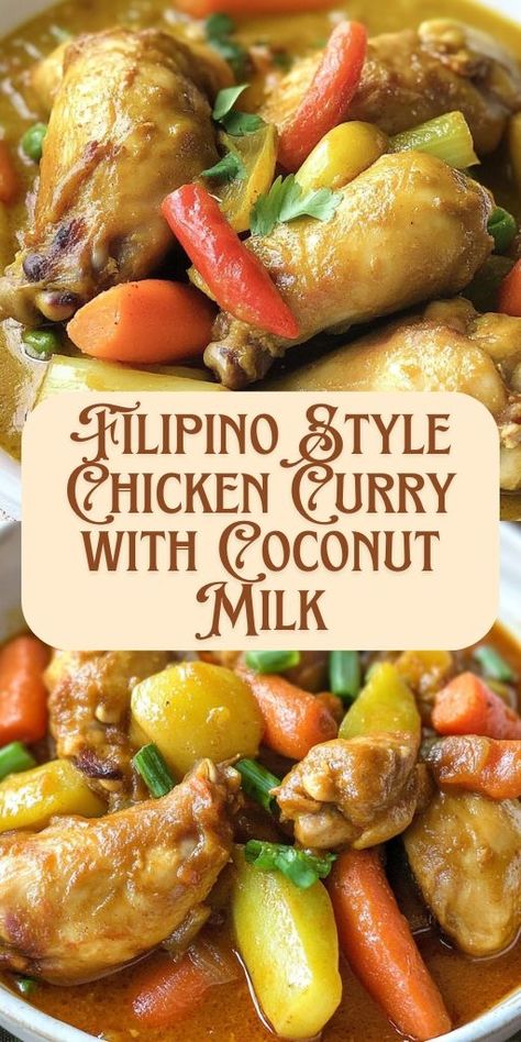 Try this Filipino chicken curry with coconut milk! 🍛 Tender chicken in a rich, creamy curry sauce—this recipe brings authentic Filipino flavors to your kitchen. Serve with rice for a comforting, easy dinner that the whole family will love! #FilipinoCuisine #ChickenCurry #CoconutMilk #FilipinoRecipes #CurryRecipe #ComfortFood #AsianCuisine 🍚 Dinners With Coconut Milk, Instant Pot Curry Chicken Coconut Milk, Coconut Milk And Chicken Recipes, Chicken With Coconut Milk Recipes, Coconut Milk Chicken Recipes, Chicken Curry Filipino Style, Filipino Curry, Filipino Chicken Curry, Curry Chicken Marinade