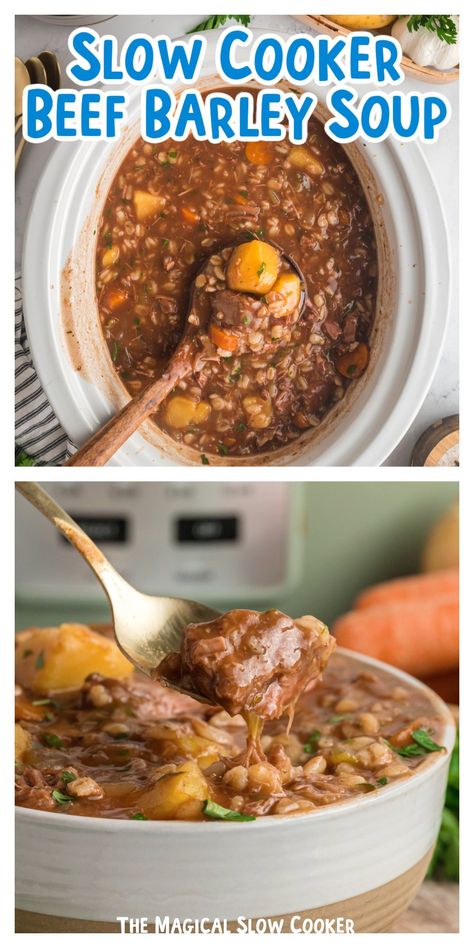 This Crockpot Beef Barley Soup is made with refreshing vegetables, herbs, potatoes, and a heaping amount of beef stew meat. Quick barley adds the final touch to this delicious soup making it hearty and something the whole family will enjoy. - The Magical Slow Cooker Crockpot Beef And Barley Stew, Beef Barley Soup In Crockpot Slow Cooker, Slow Cooker Beef And Barley Soup, Beef Barley Soup Recipes Slow Cooker, Slow Cooker Beef Soup, Beef Barley Soup In Crockpot, Beef Barely Soup, Crockpot Beef Barley Soup, Slow Cooker Beef Barley Soup