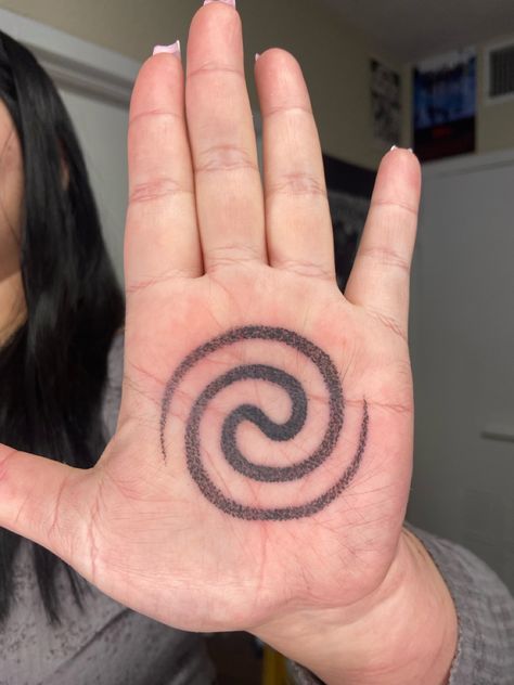 hand-poked two way swirl tattoo on palm Swirl Hand Tattoo, Spiral Ear Tattoo, Elbow Swirl Tattoo, Tattoos On Elbow, Spiral Palm Tattoo, Eye Palm Tattoo, Spiral Chest Tattoo, Palm Tattoo Ideas, Spiral Hand Tattoo